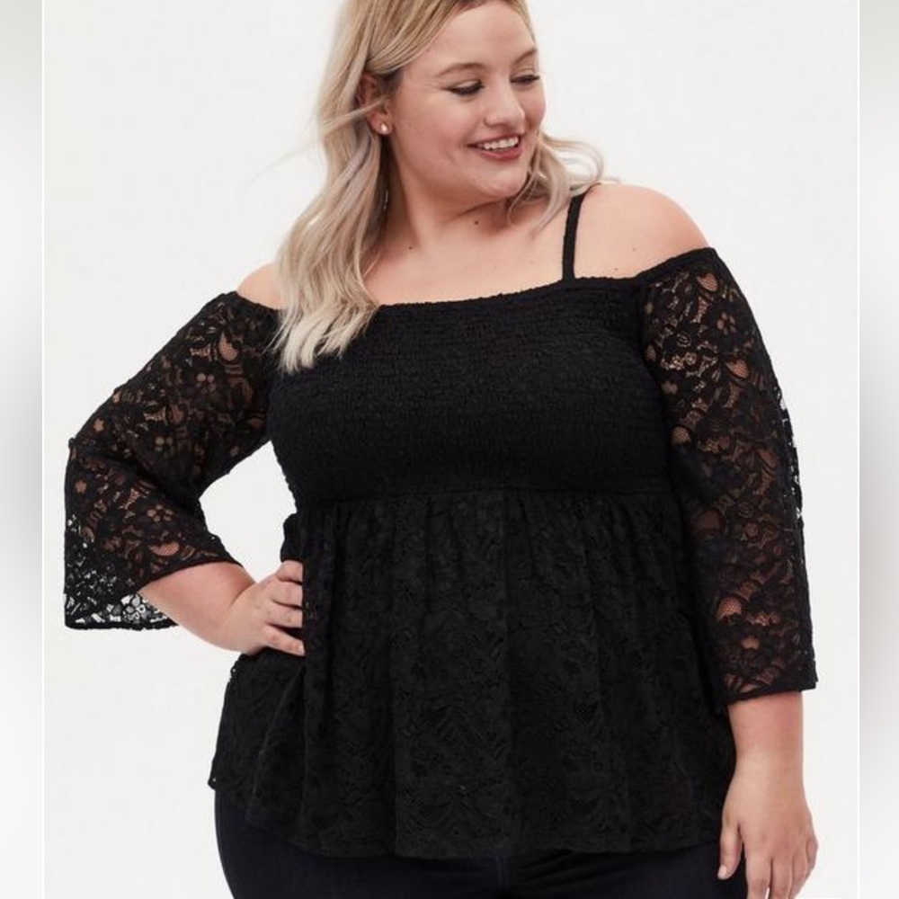 Torrid Babydoll Lace Smocked Cold Shoulder Top